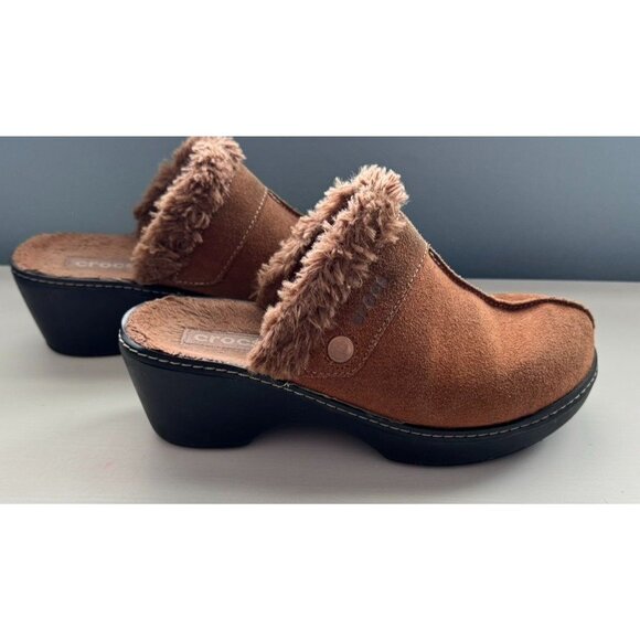 Crocs Cobbler Shimmer Clogs 202302 Brown Suede Faux Fir Lined Slip On Women's 8 - Picture 1 of 7